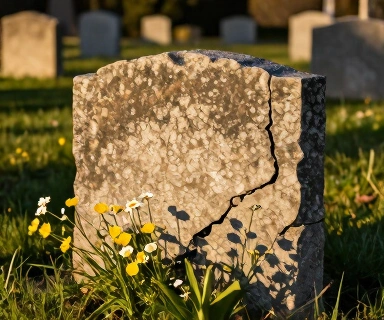 A weathered cemetery headstone with wildflowers growing at its base in soft morning light
