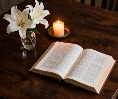 An open Bible on a dark wooden table beside a lit candle and a vase of white lilies