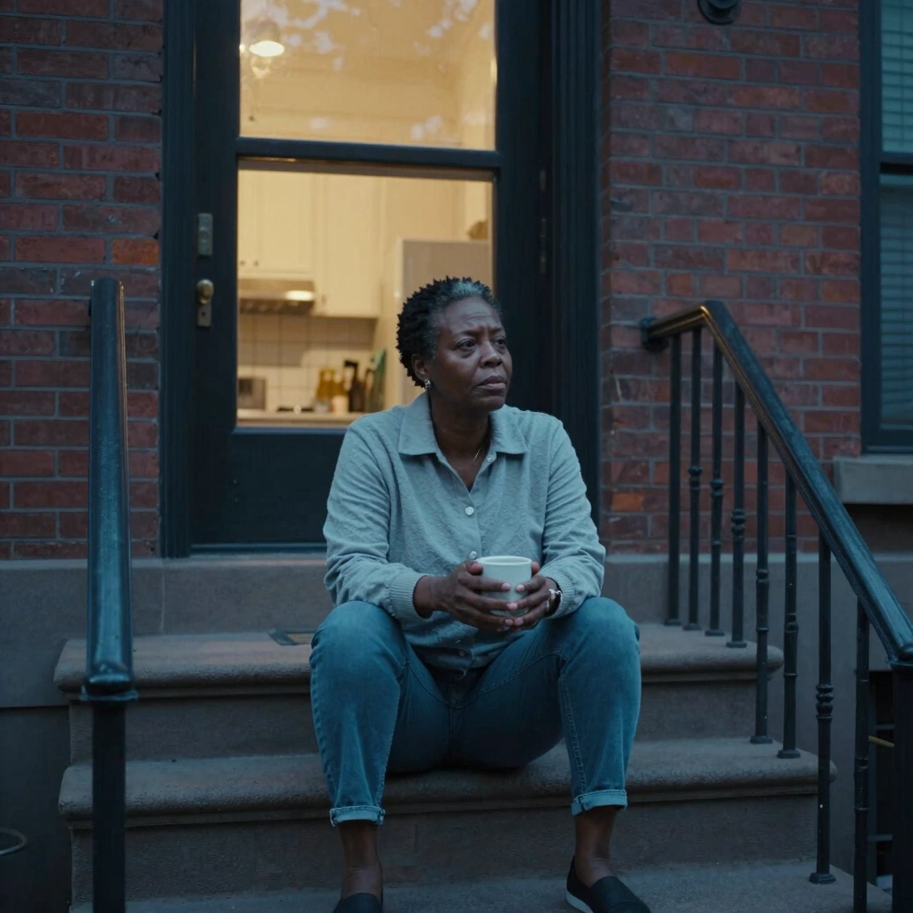 A black woman in her 40s sitting alone on the back steps of a brick townhouse at early dawn, knees drawn up, coffee mug held in both hands, pale blue light mixing with warm yellow from a kitchen window behind her, quiet city morning, muted tones