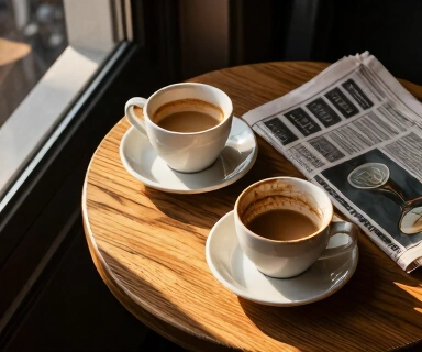 Two worn wooden chairs facing each other on a sunlit front porch with coffee cups on the railing