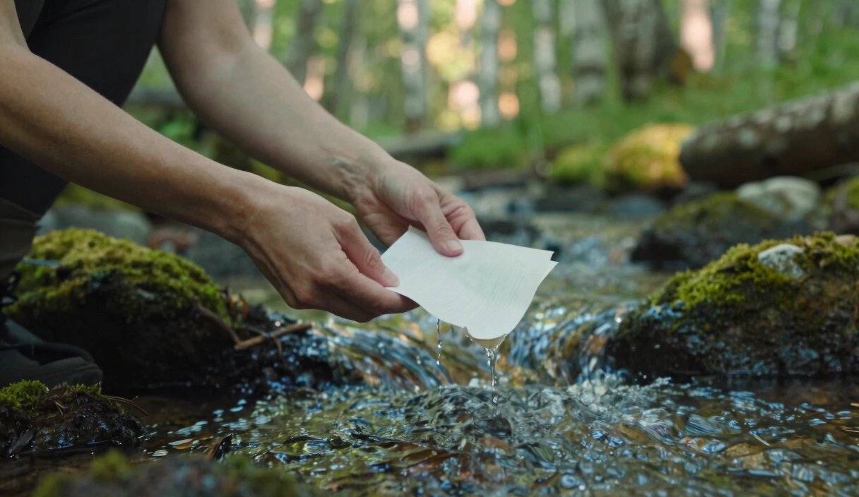 A person&rsquo;s hands releasing a crumpled paper into a stream of clear water flowing over moss-covered rocks in soft filtered forest light