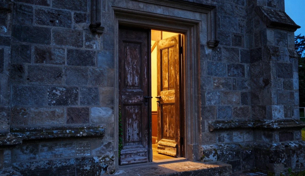 A weathered wooden church door standing slightly open with warm golden light spilling through the gap onto stone steps