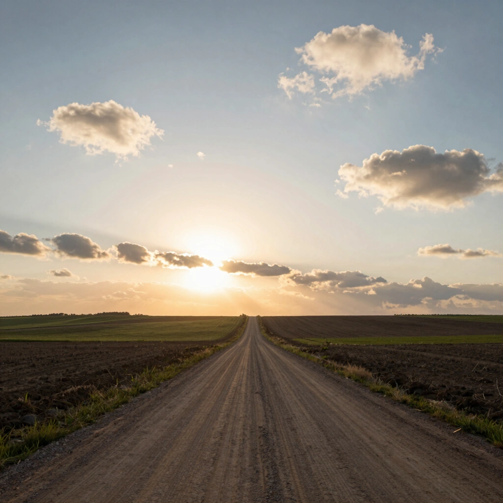 A dirt road stretching forward through open farmland at sunrise with light breaking through scattered clouds on the horizon