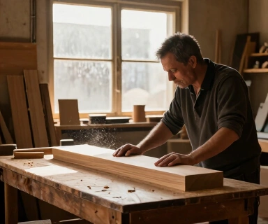 A caucasian man in his 50s sitting at a worn wooden workbench in a woodworking shop, hands resting on a half-finished piece, sawdust in the air catching afternoon light through a dusty window, warm amber tones