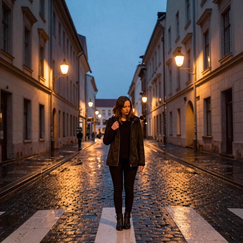 A caucasian woman at a cobblestone crossroads at dusk, two streets diverging, warm streetlight reflecting on wet stones