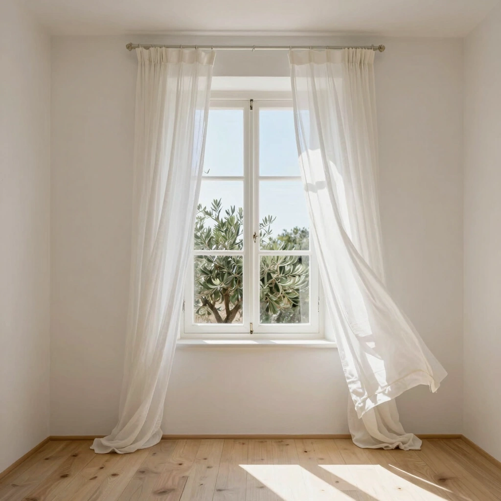 An open window in a whitewashed room with sheer curtains blowing inward from a warm breeze and sunlight streaming through