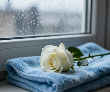A single white rose laid on a folded baby blanket beside a window with soft rain outside