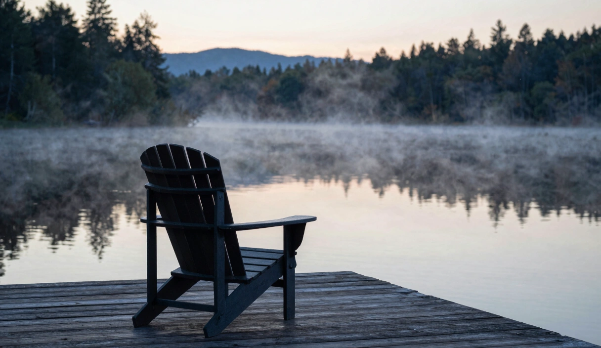 An Adirondack chair on a wooden dock overlooking a still lake at dawn with mist rising from the water and pine trees in soft focus