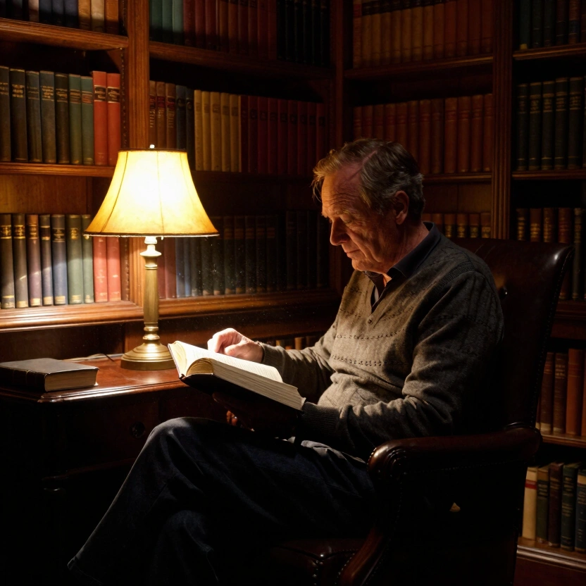A caucasian man in his 60s sitting in a dim study with floor-to-ceiling bookshelves, reading lamp casting a pool of warm light on an open Bible, deep brown and gold tones, evening atmosphere